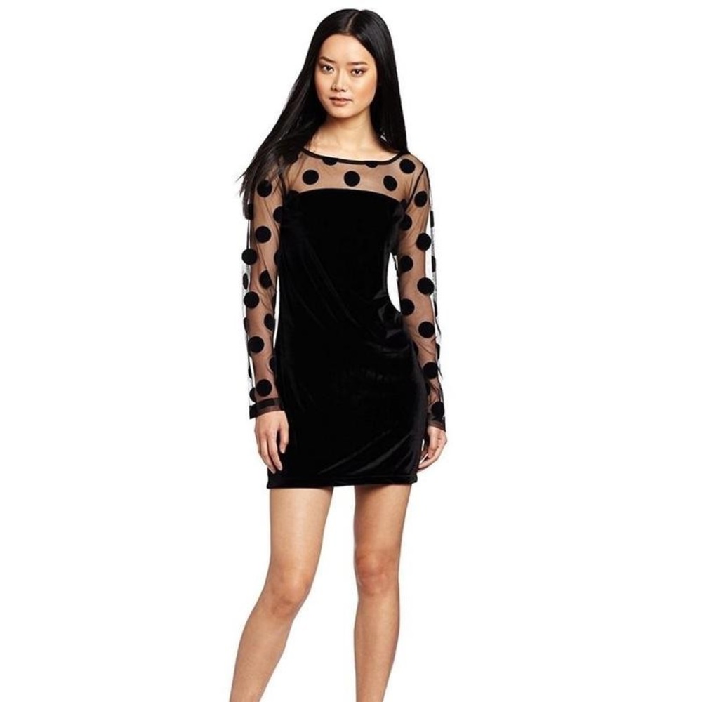 BCBG Black Long-sleeve Velvet Polka Dot Dress